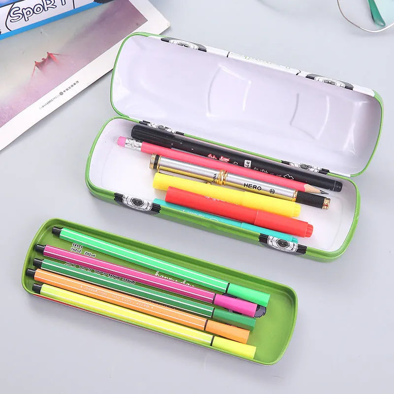 Metal tinplate double-layer stationery box in racing car shape with cartoon pattern, dimensions 20x6.5x3 cm