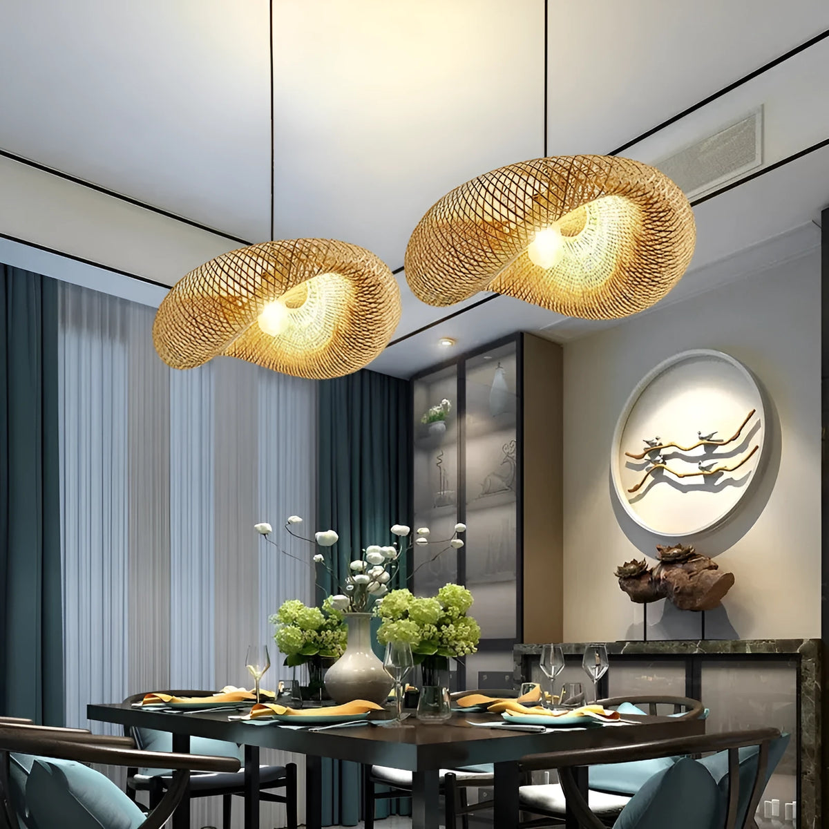 Bamboo woven hanging lamp with straw hat shape in natural material showing texture details