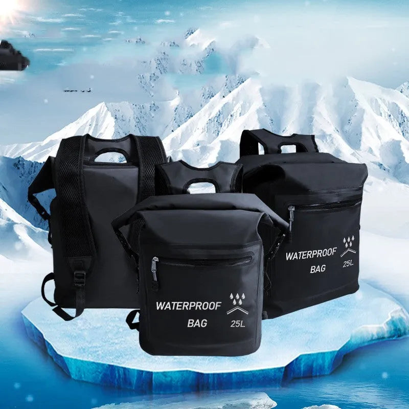 Black 25 litre waterproof backpack for river tracing rafting and swimming
