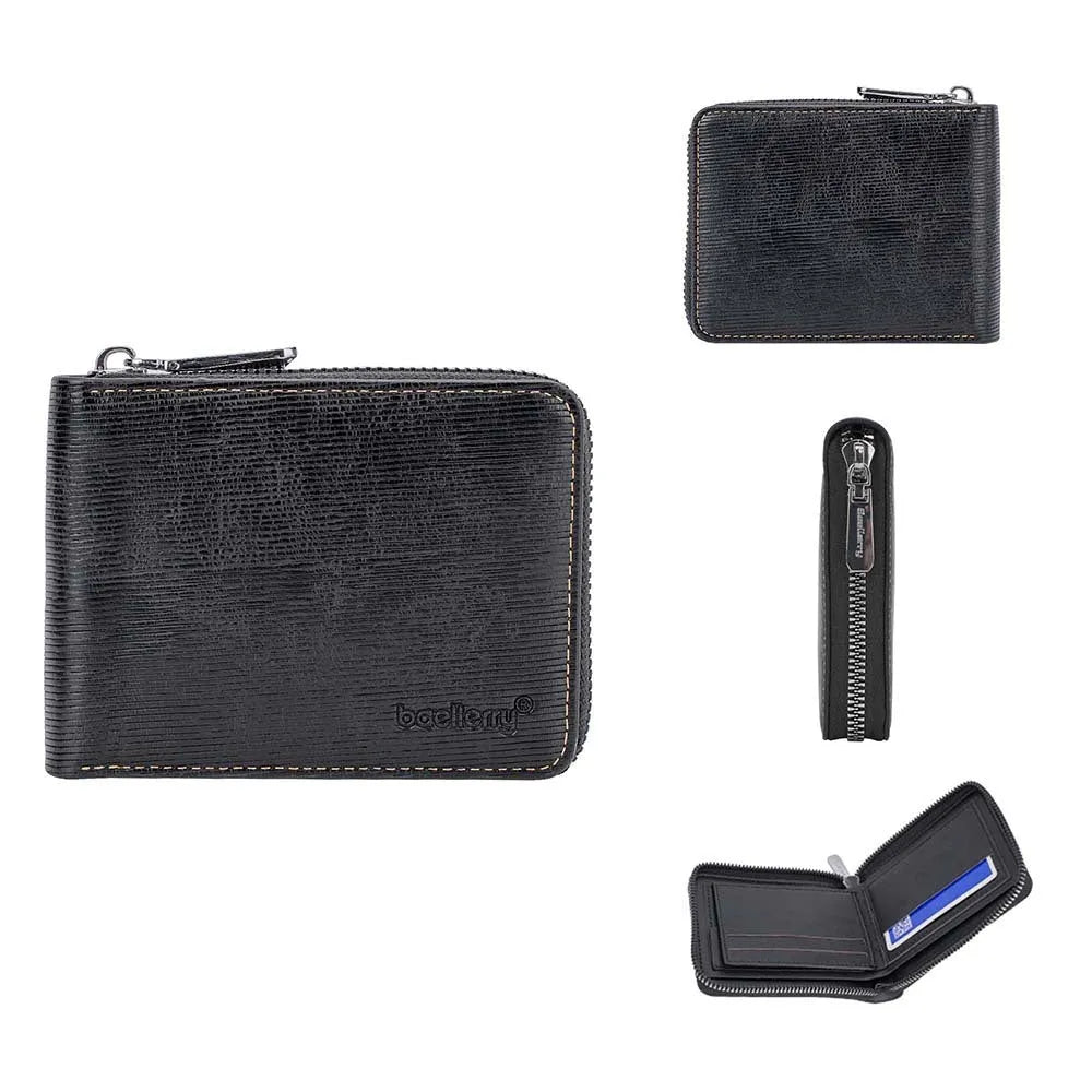 Black PU leather credit card wallet with zipper closure and embossed pattern detailing