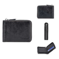 Black PU leather credit card wallet with zipper closure and embossed pattern detailing