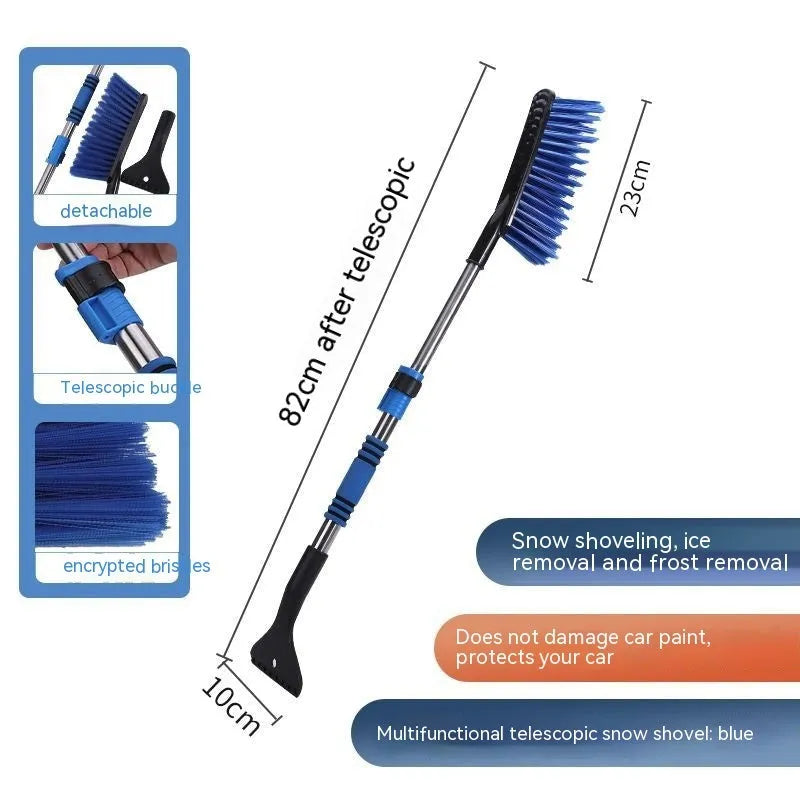 Winter car snow scraper brush with telescopic plastic long handle in blue for windscreen defrosting