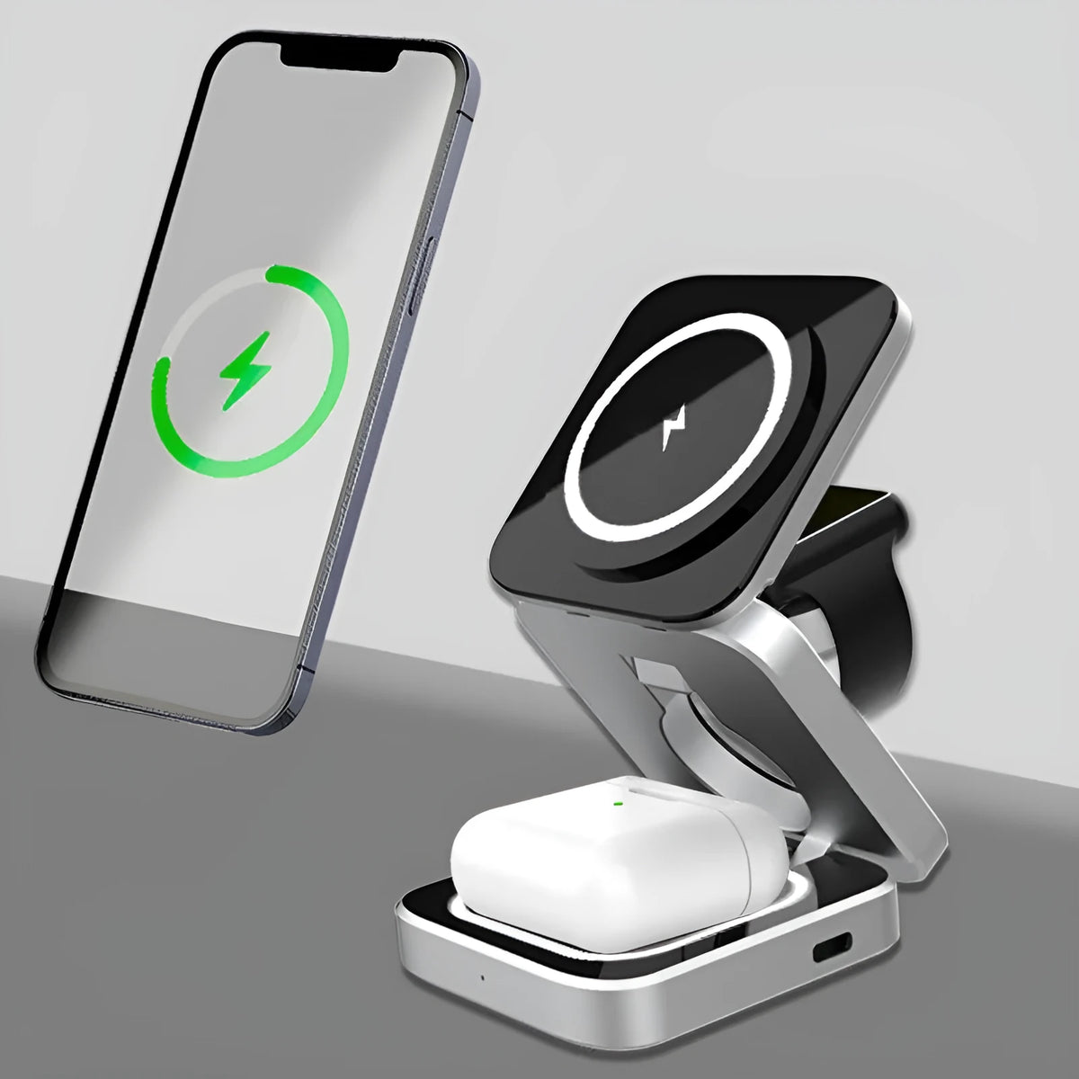 Three-in-one desktop wireless charging bracket unfolded on desk with iPhone, Samsung phone, and Google Pixel Watch positioned for charging
