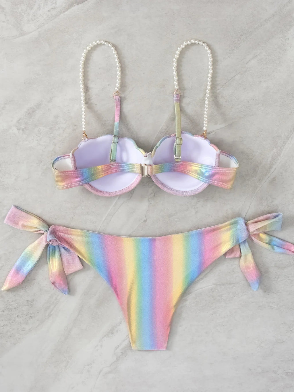 Women's shell rainbow patterned split tied bikini swimsuit with adjustable ties