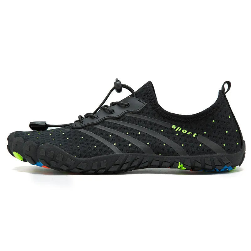 Low-top mesh water shoes with rubber sole shown in army green colour.