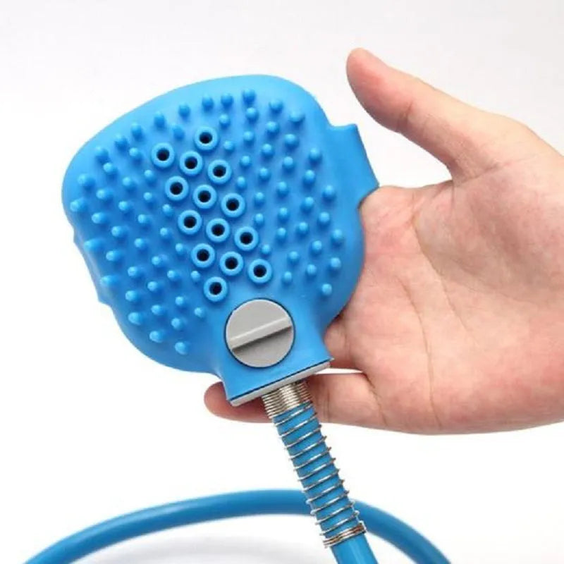 Blue handheld pet bathing tool with massage gloves, 98.5 inch hose and two faucet adapters for dogs, cats and horses.