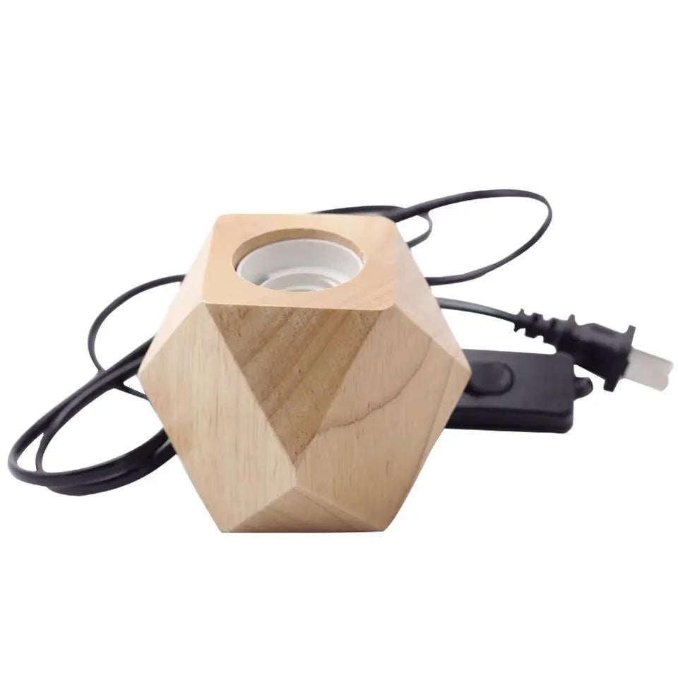 Wooden retro lamp holder in square shape with hanging wire measuring 75mm by 80mm