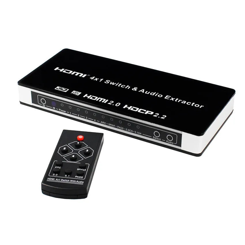 Black 4-input 1-output HDMI audio video switch with remote control on a table.