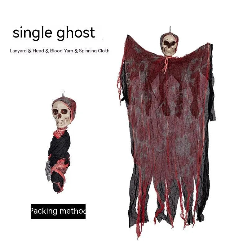 Halloween hanging ghost pendant with dyed blood skull face and wavy ghost clothes on a porch