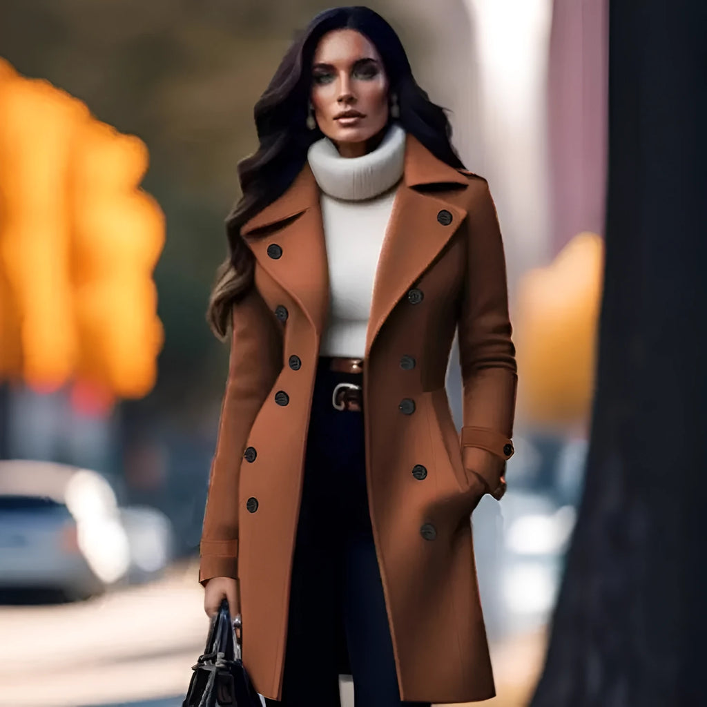 Women's double breasted dark brown chenille coat with slim fit and long sleeves