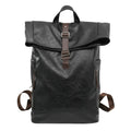 Large capacity PU leather backpack in black, solid colour, with curved shoulder straps and visible sewing line details