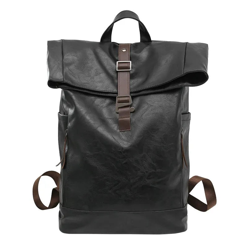 Large capacity PU leather backpack in black, solid colour, with curved shoulder straps and visible sewing line details