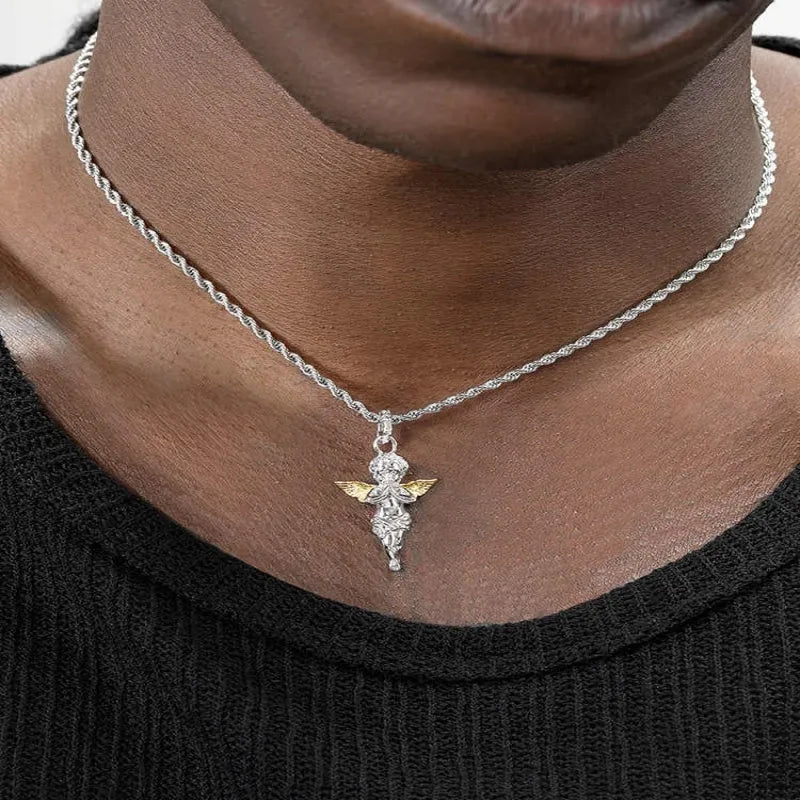 925 sterling silver gold winged angel pendant necklace for men with steel or sterling silver chain options