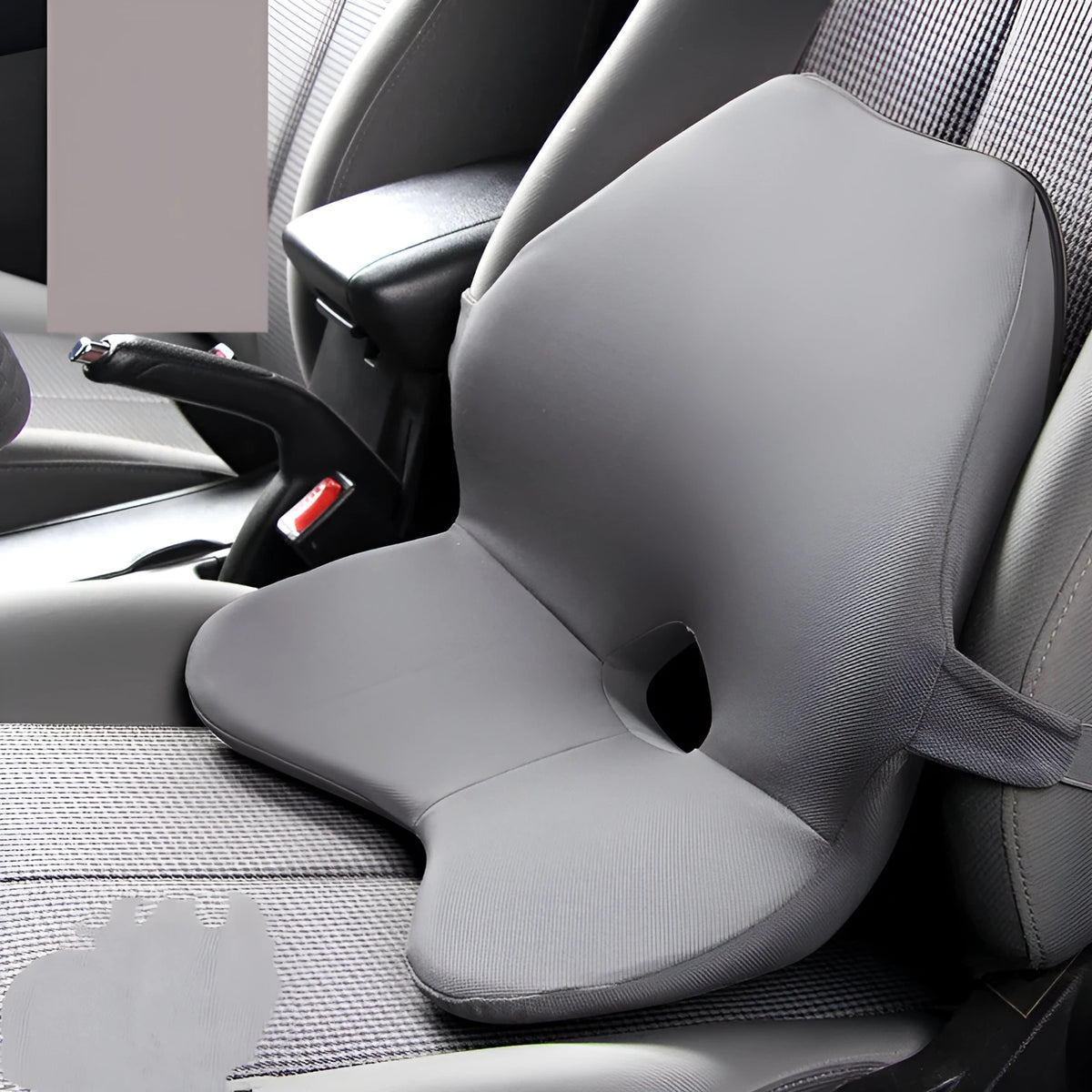 Car seat waist cushion with memory foam padding in beige colour, shown alongside a black version with headrest