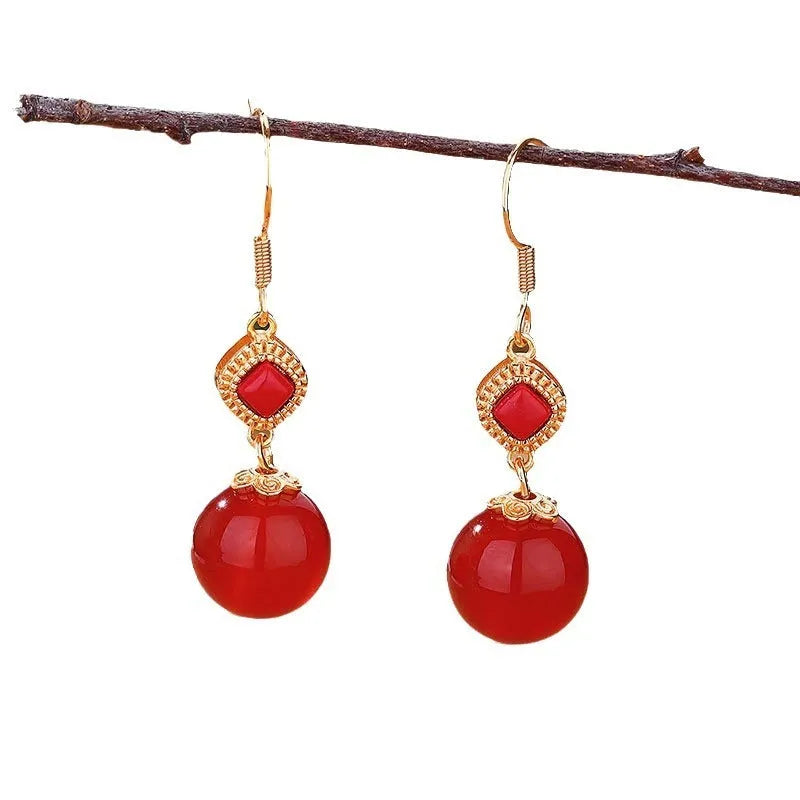 Southern red agate round bead earrings with geometric S925 silver jasper inlay