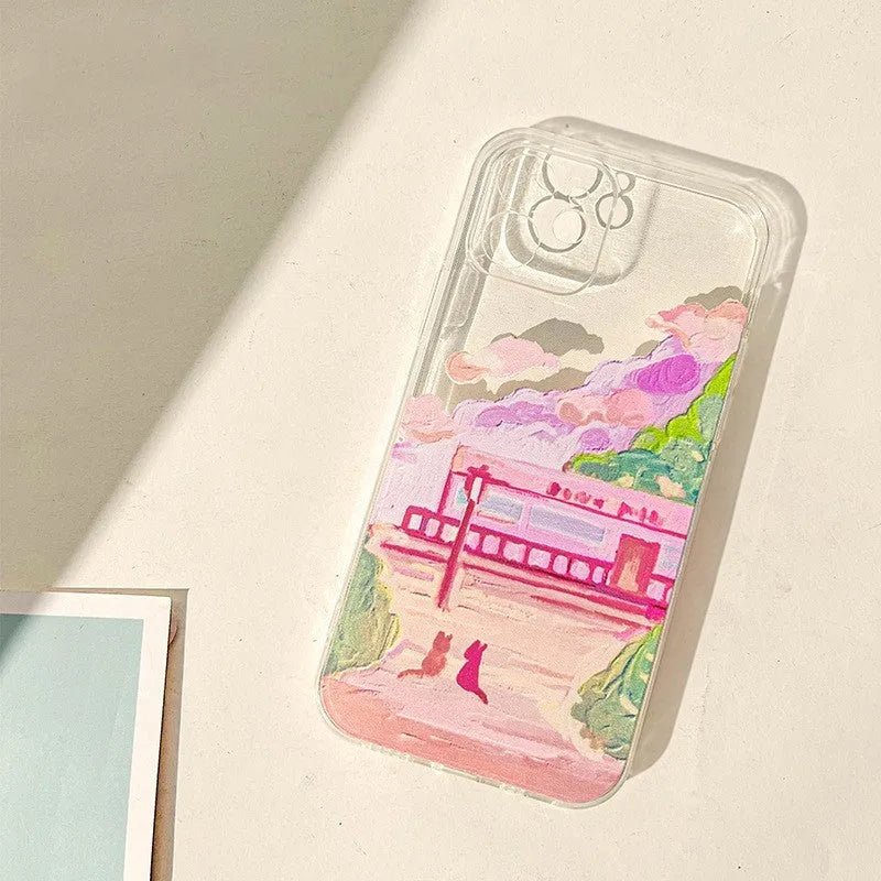 Soft silicone iPhone case with a colourful two cat cartoon design on the back.