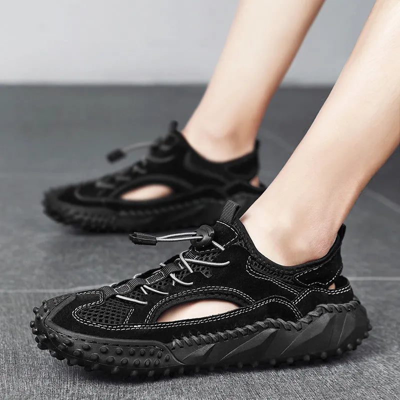 Men's black waterproof sports sandals with leather mesh upper and elastic band closure