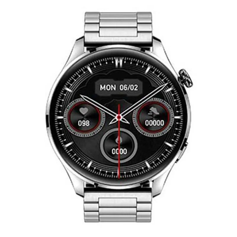 Black Bluetooth smart watch with round colour touch screen on a silicone strap