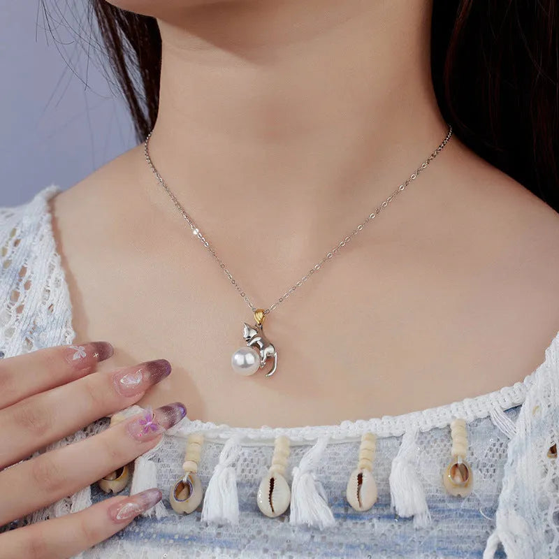 925 sterling silver clavicle chain necklace with cat charm and adjustable length