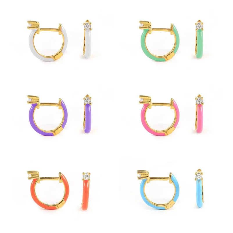 Diamond-embedded hand-dripping oil earrings with silver needle copper and geometric design in six colours