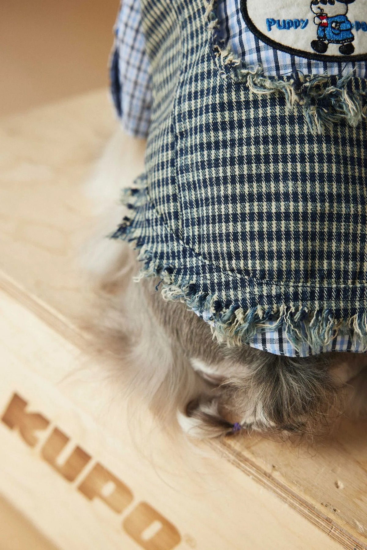 Blue washed old plaid sleeveless denim dog vest in cotton, casual unisex pet clothing, sizes XS to XXL