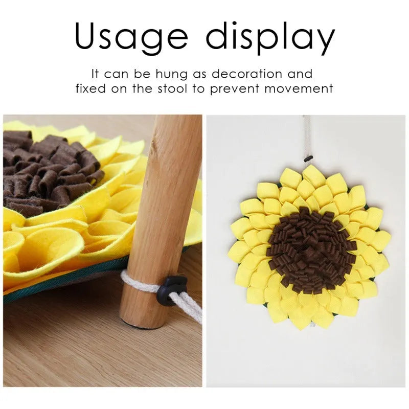 Yellow sunflower-shaped dog snuffle mat with rope and buckle for slow feeding and nosework training.