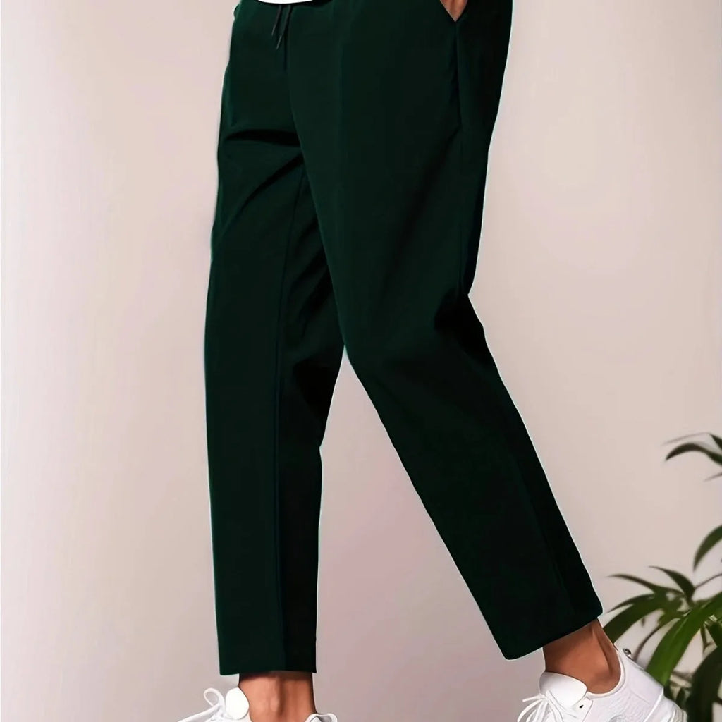 Men's slim-fit ankle length polyester trousers, mid waist tapered cropped pants in black, grey, dark green, navy blue