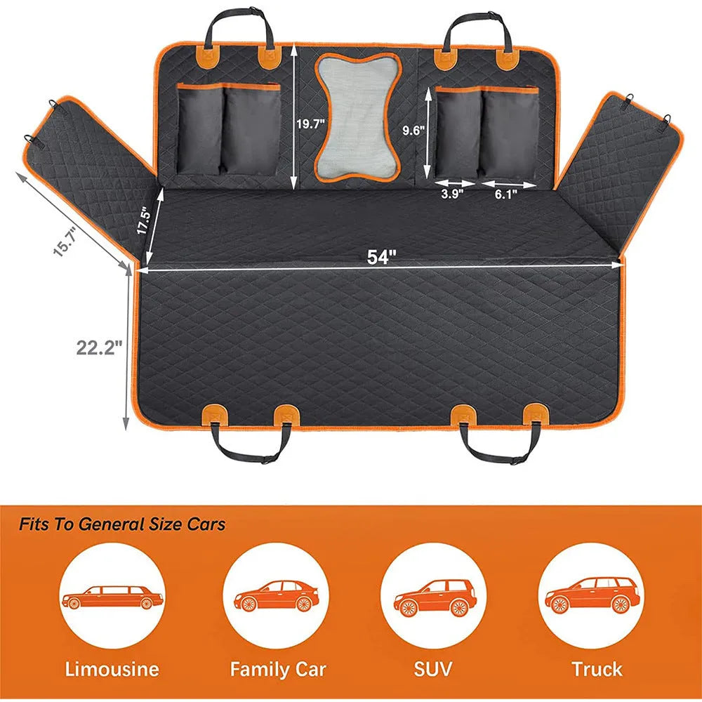 Black waterproof dog car seat cover with orange edging and mesh window installed on vehicle rear seats