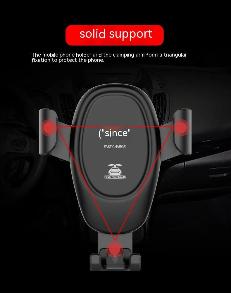 D12 Black 10W micro car wireless charger with air outlet clip, Type-C socket and ABS body, 9.8cm x 4.6cm x 11cm