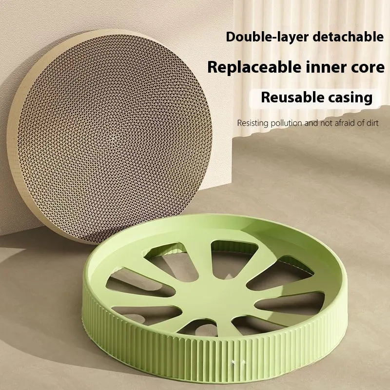 Green and white round cat scratching board with corrugated paper centre and raised nest edge.