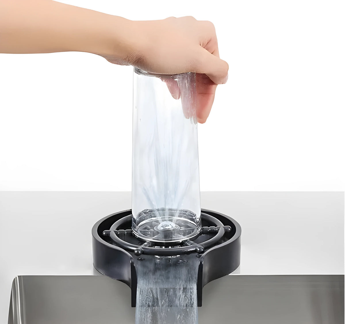 Stainless steel high pressure glass washer with black ABS base and copper hose connections