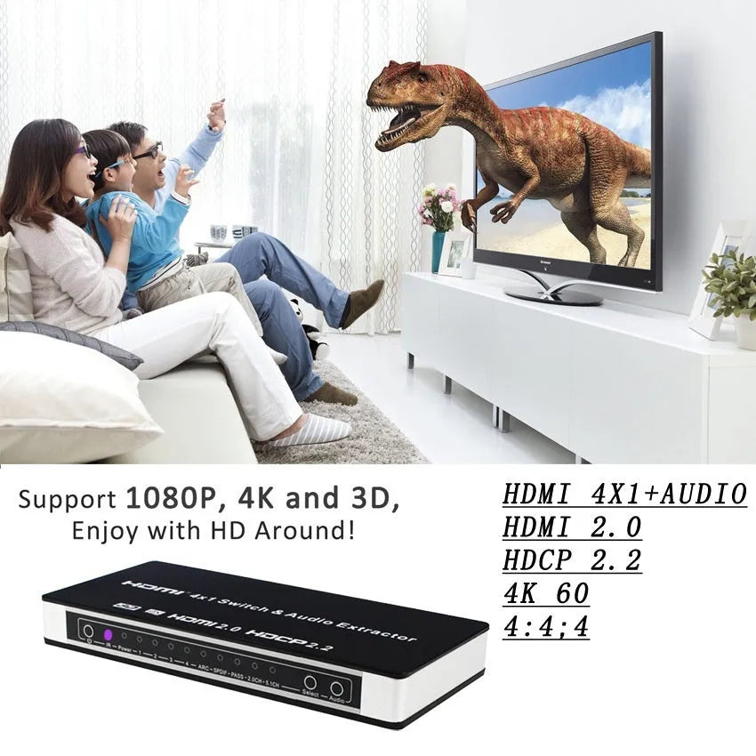 Black 4-input 1-output HDMI audio video switch with remote control on a table.