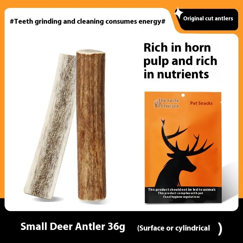 Natural antler dog chew in three sizes – small 36g, medium 76g, large 126g for bite resistant teeth cleaning