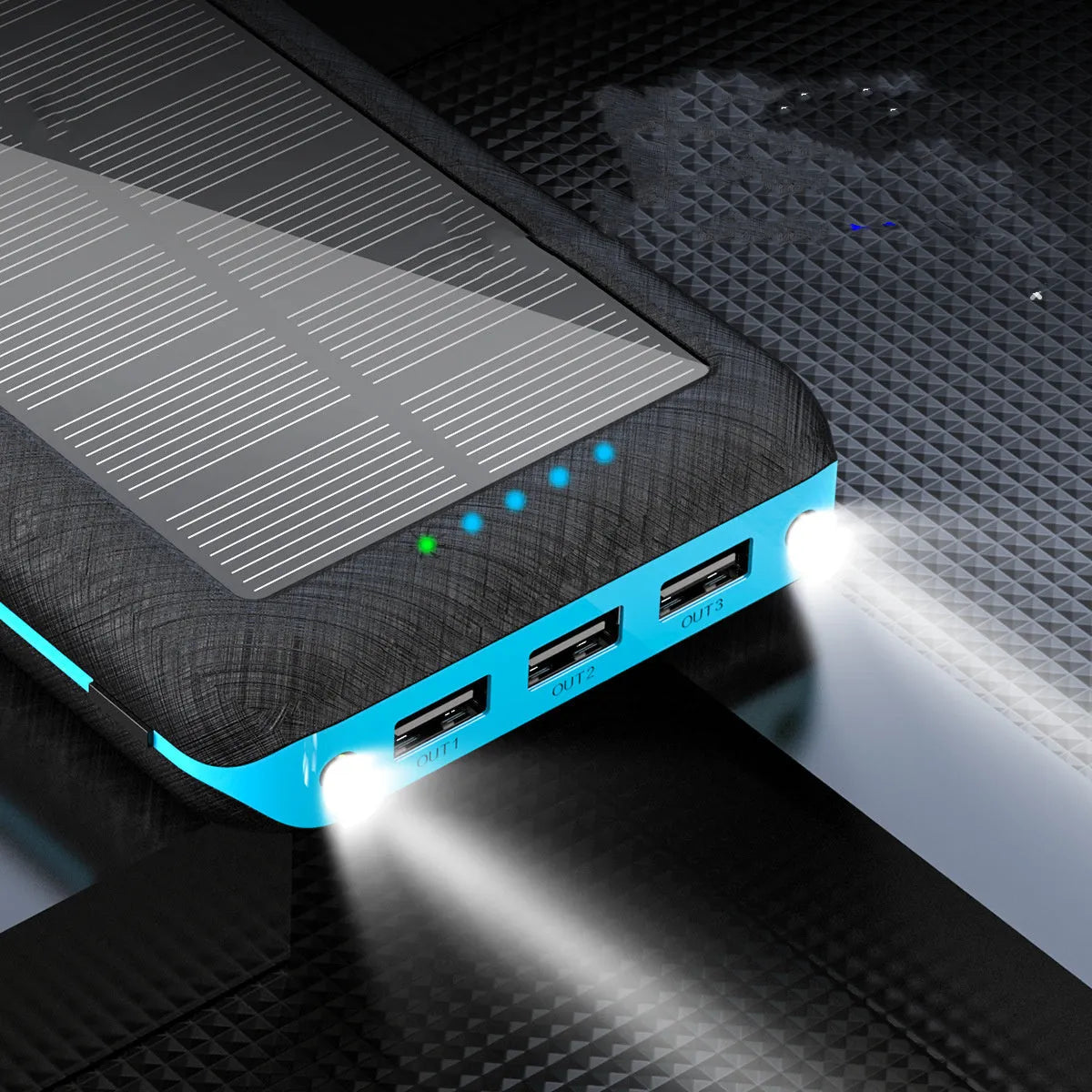 Black portable power bank with wireless Qi charging pad, three USB ports, and LED flashlight for iPhone Samsung Xiaomi phones