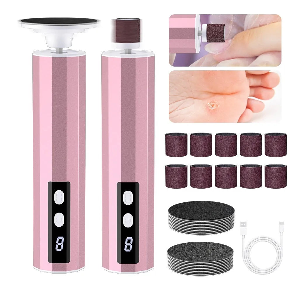 USB-powered electric callus remover foot file with multiple grinding wheels in black, pink, and purple colour options.