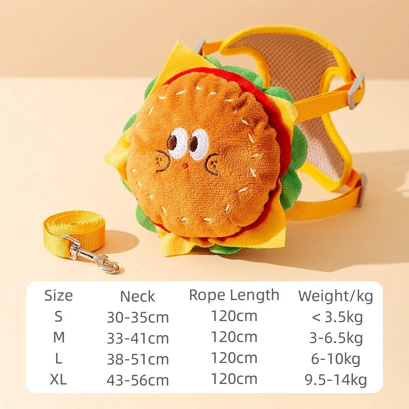 Cartoon hamburger design adjustable escape-proof vest and leash set for cats and dogs on a grey background.