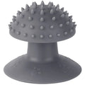 Wall-mounted cat self groomer in blue with brush head and catnip compartment for loose fur removal