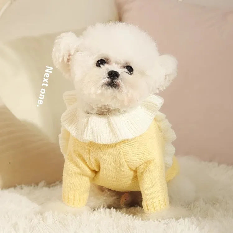 Yellow autumn dog sweater on small pet showing XINGX and fairy dress style options with size chart