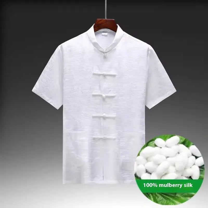 Traditional mulberry silk Chinese Tang suit for men in light green, featuring a classic collar and woven construction.