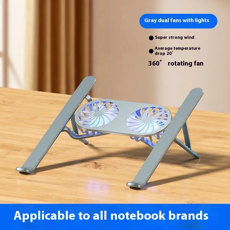 Silver aluminium laptop cooling stand with twin fans folded, next to its cloth storage bag and USB cable.