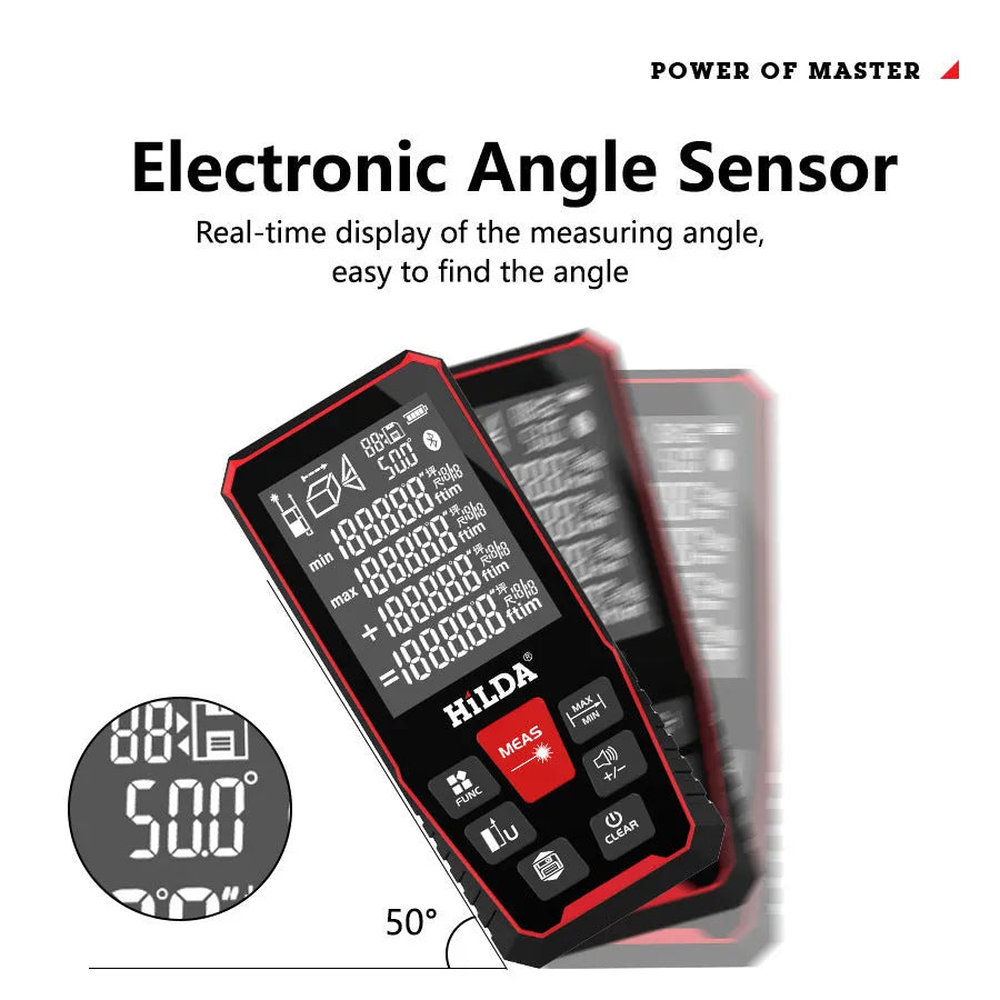 Handheld plastic laser rangefinder for distance measurement up to 120 metres.