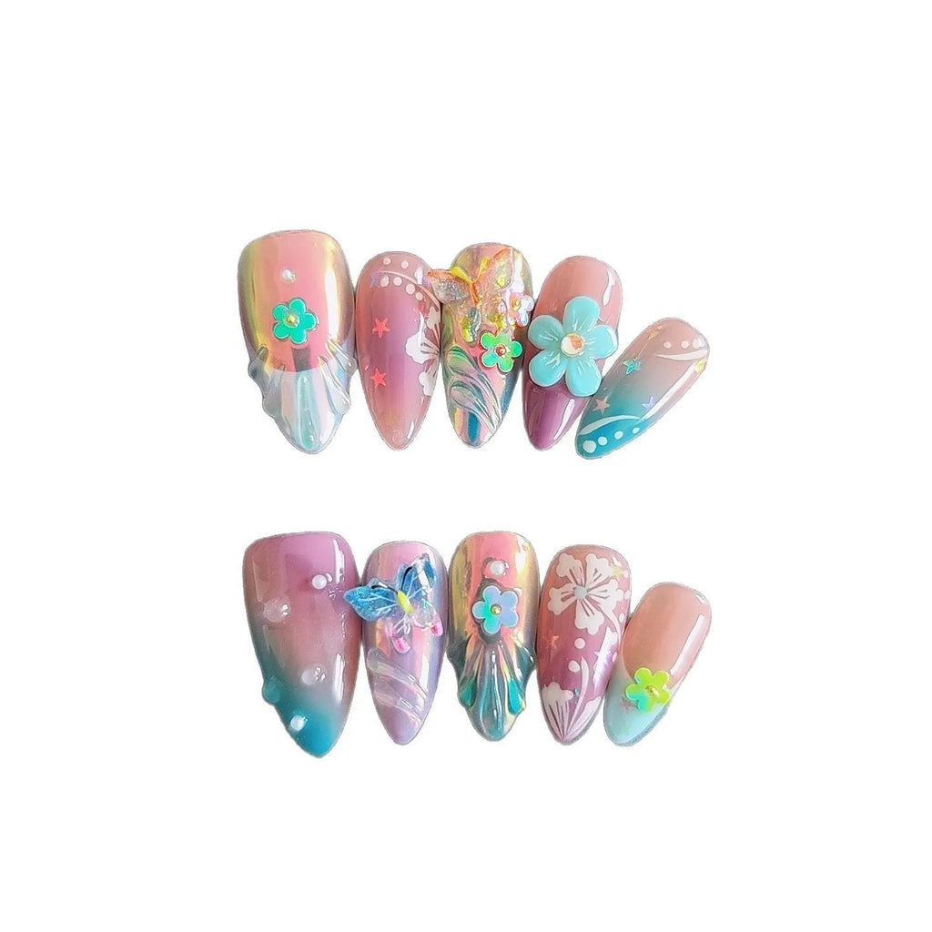 Handmade nail art set with small flower and butterfly charms, sculpting gel, in sizes XS S M L