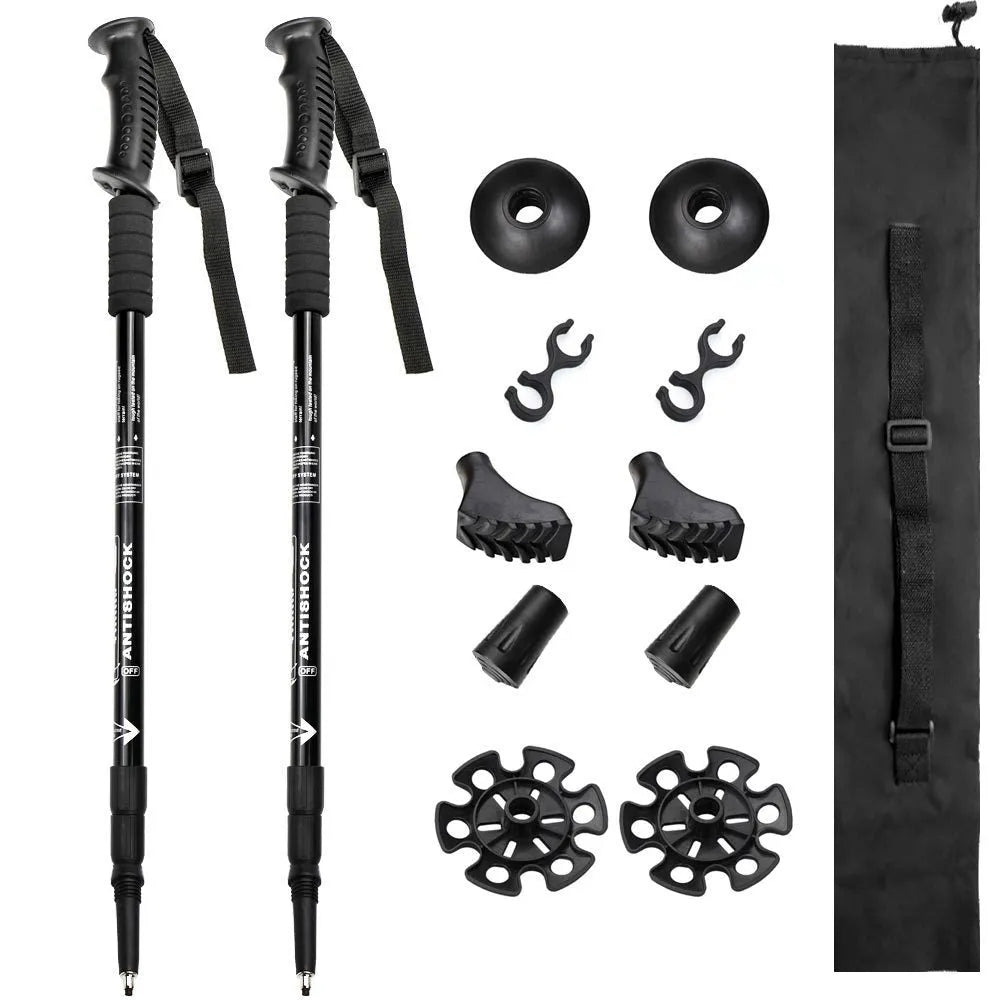 Aluminium alloy outdoor trekking poles with three straight handles and adjustable length, shown with snow holder attachments