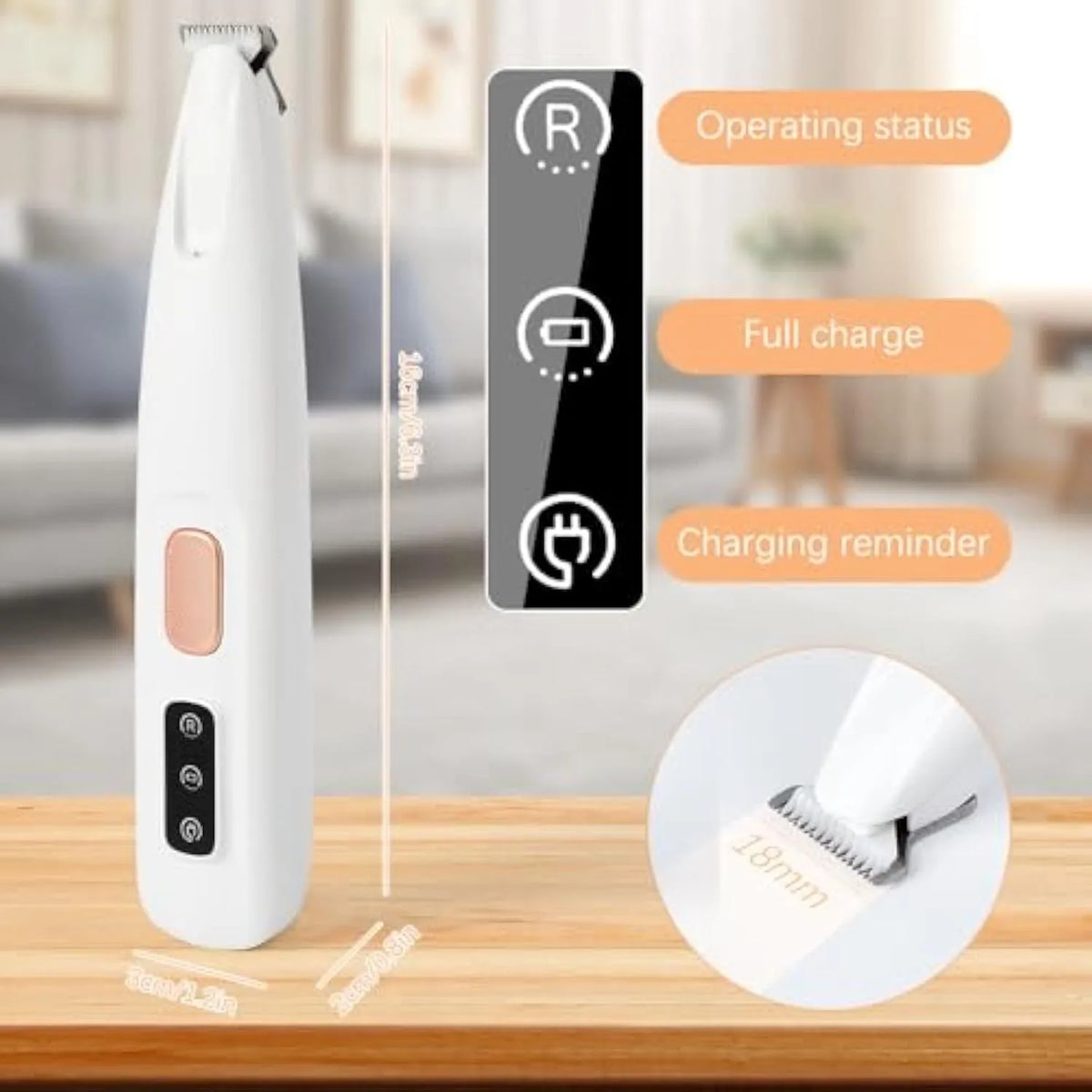 White electric dog paw trimmer with LED light and four attachment options on black background
