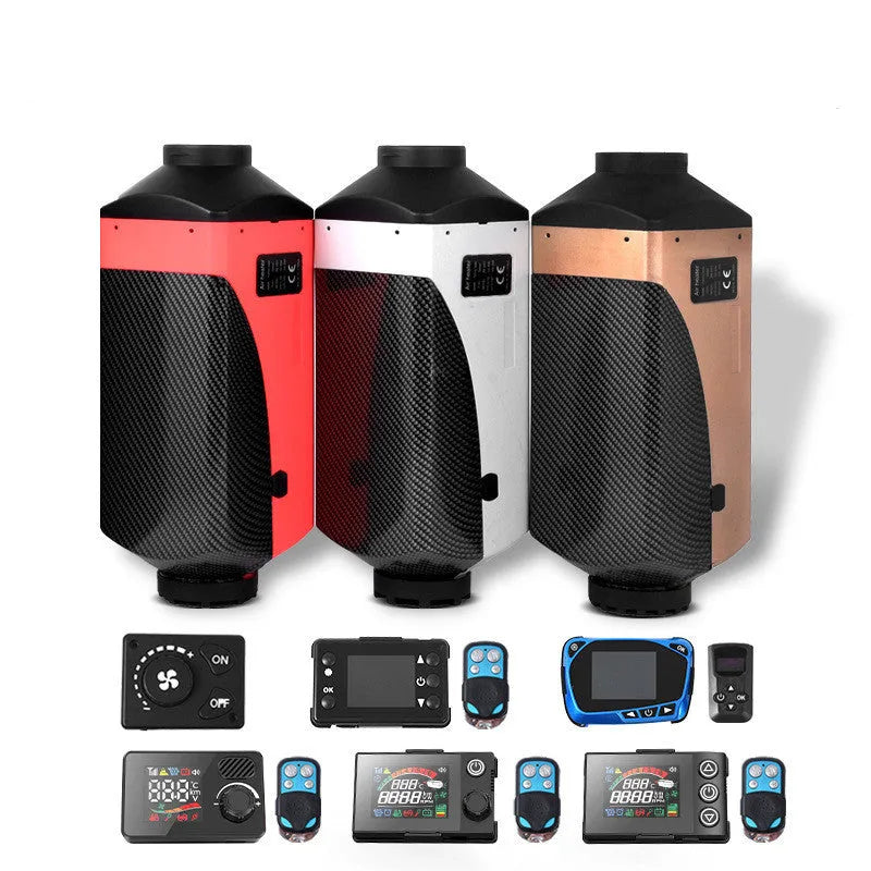 Red and black diesel air heater kit with fuel tank, pump, and pipes for truck or van installation.