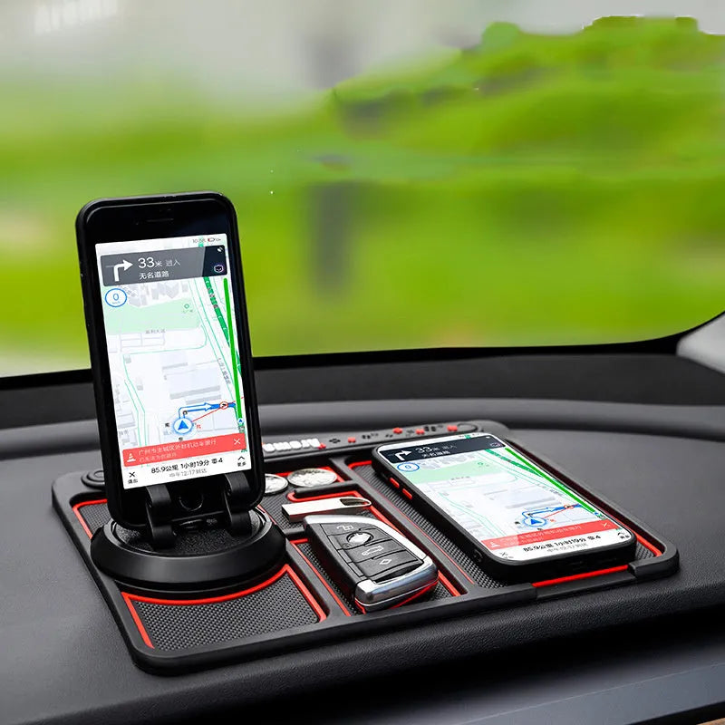 Black non-slip car phone pad with red edge on dashboard, 4-in-1 design with 360 degree rotation, PVC material