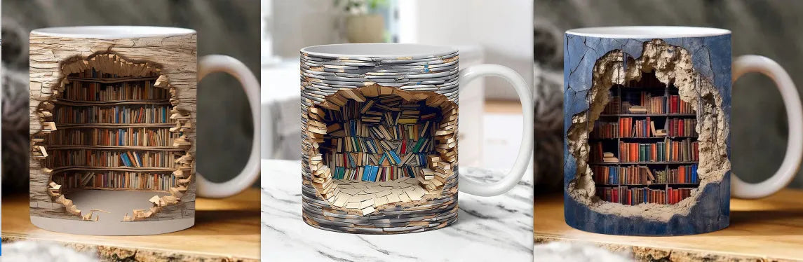 3D bookshelf ceramic mug with handle featuring library shelf design, 350ml capacity, 9.8x8cm size