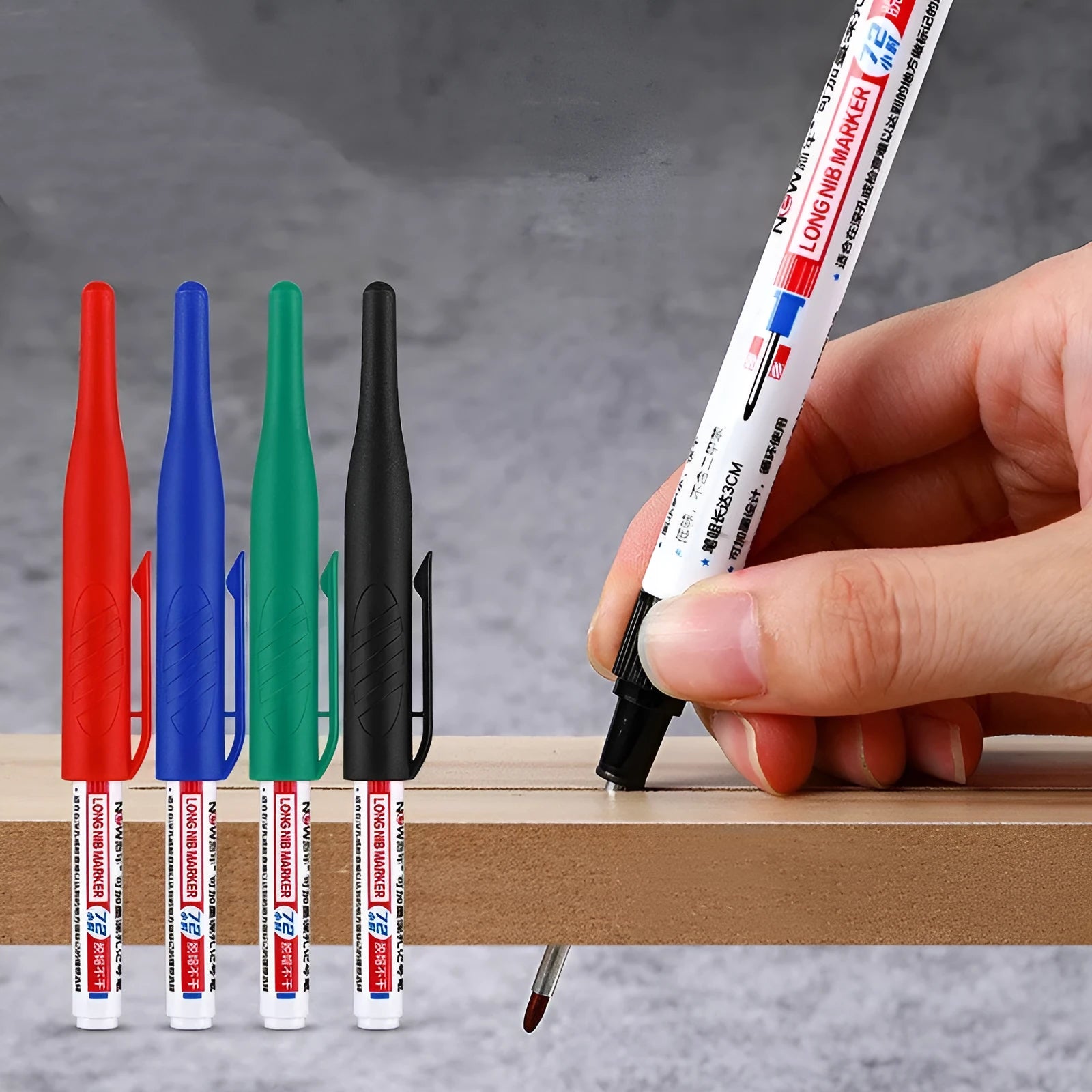Black, red, blue, and green waterproof oil marker pens with quick-drying ink, 15.2 cm long.