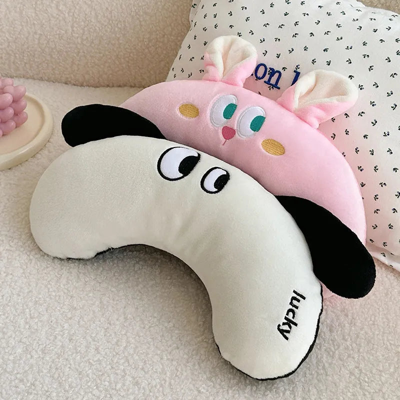 Plush U-shape pet pillow, 23cm by 30cm, in green apple, black ear white puppy, pink rabbit, or orange