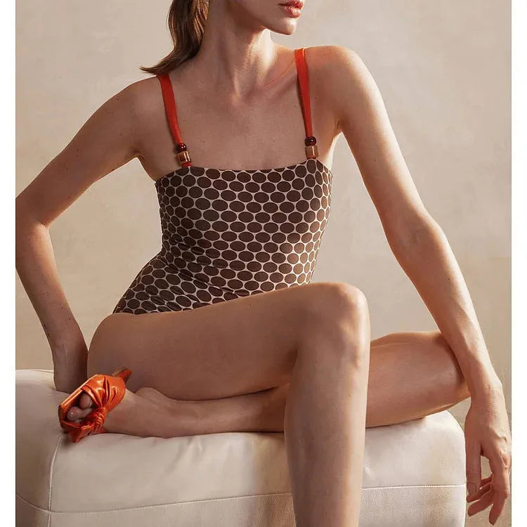 Women's printed dots one-piece swimsuit with matching wrap skirt in polyester fabric